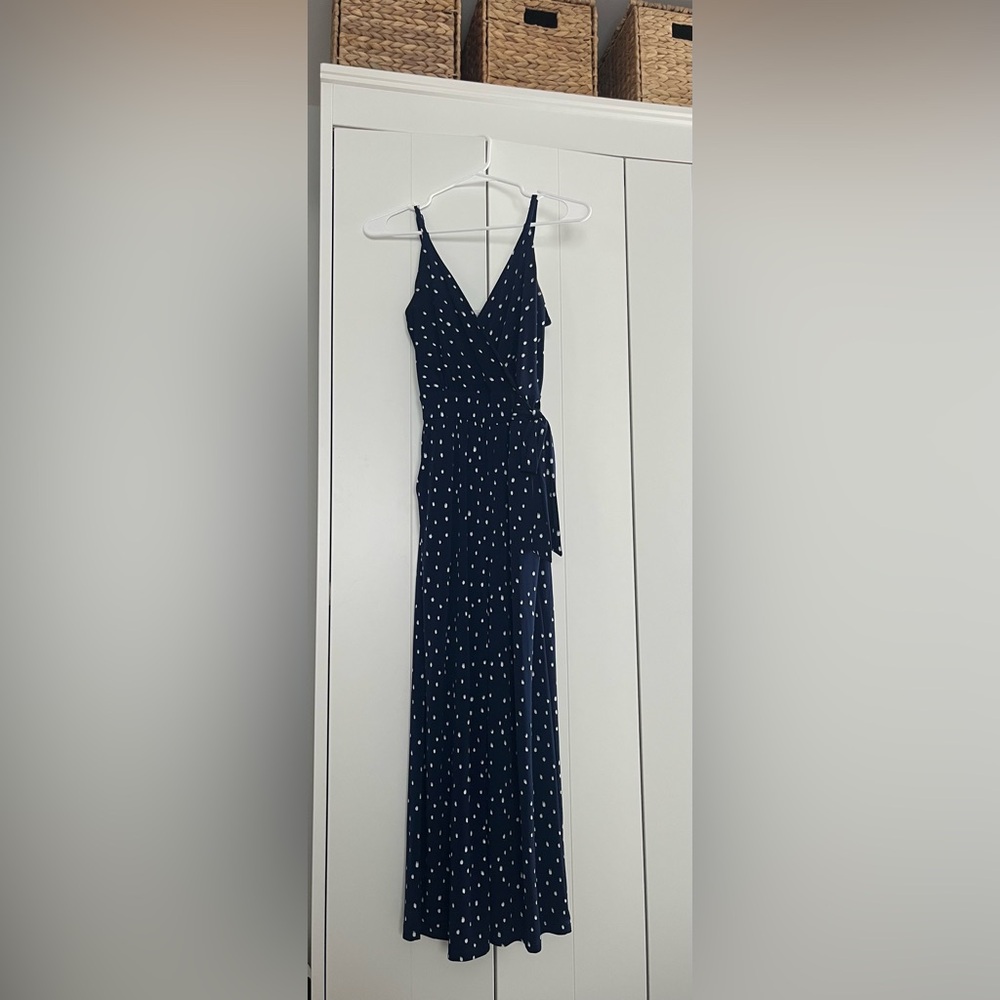 Kaileigh Navy Wrap Maxi Jumpsuit with White Dot Print